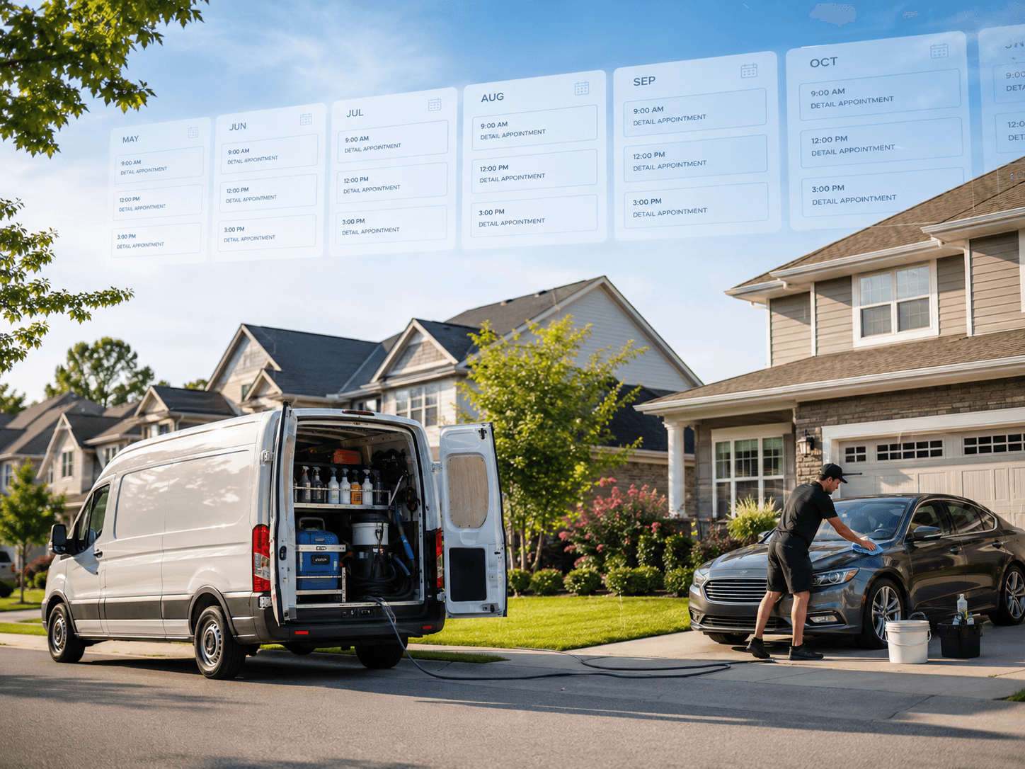 Mobile detailer servicing a recurring monthly client's car in a residential neighborhood with a repeating appointment schedule concept