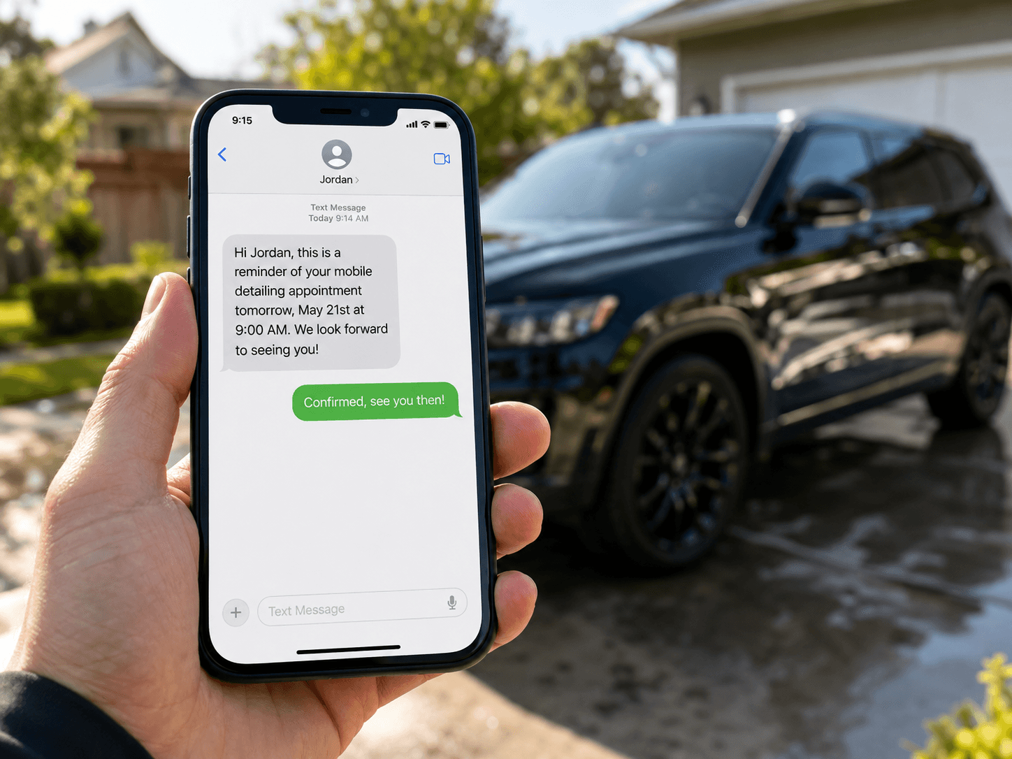 SMS appointment reminder confirmation from a detailing customer shown on a phone in front of a freshly detailed SUV