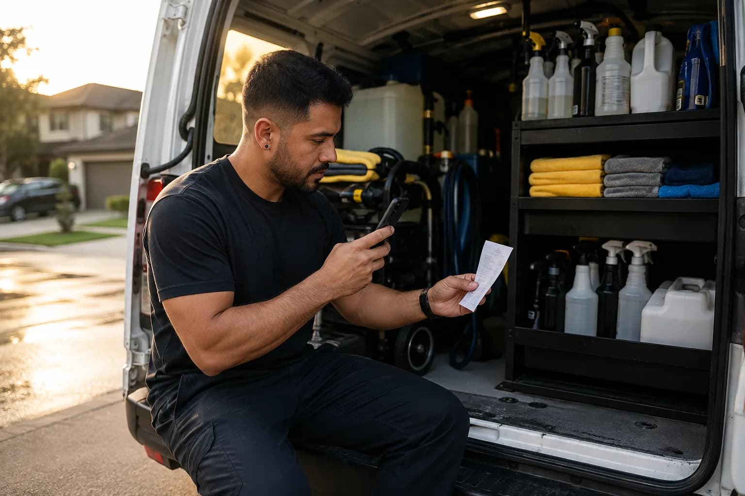 Mobile detailer photographing a supply receipt with his phone to track business expenses