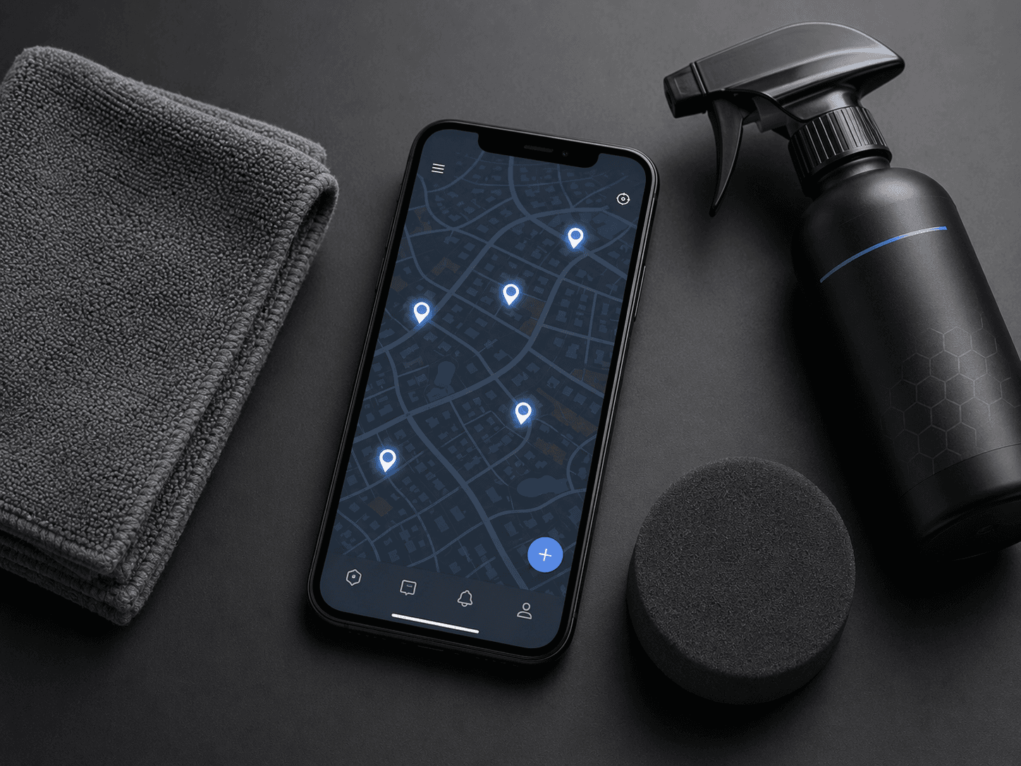 Map with location pins on a phone surrounded by car detailing supplies, representing local SEO for a mobile detailing service area