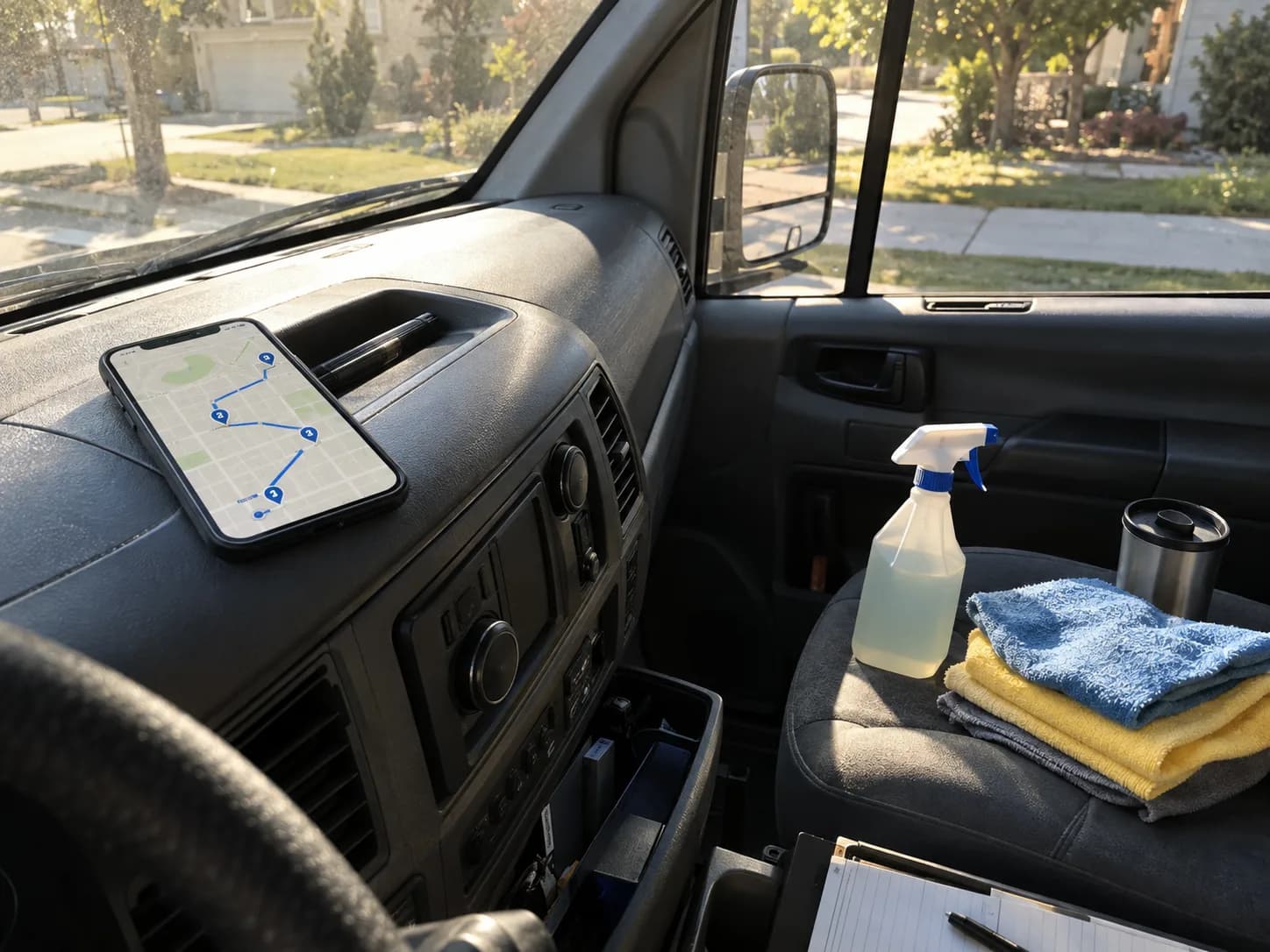 Smartphone on a van dashboard showing a four-stop mobile detailing route on a map