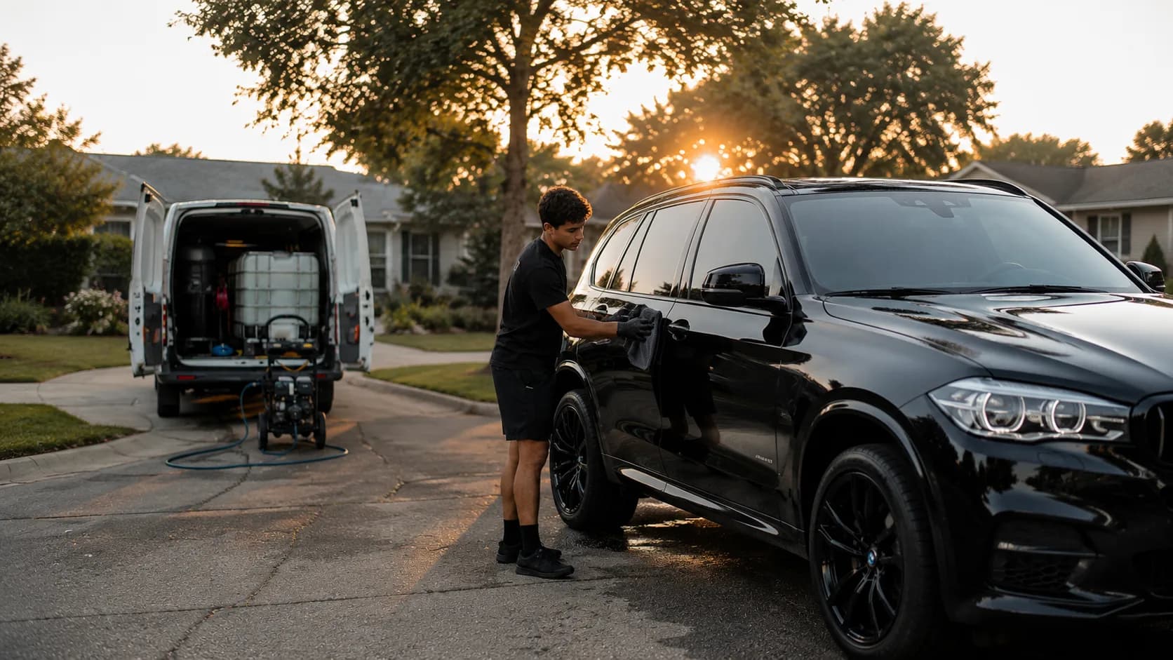 Mobile detailer polishing a black SUV in a driveway next to his detailing van