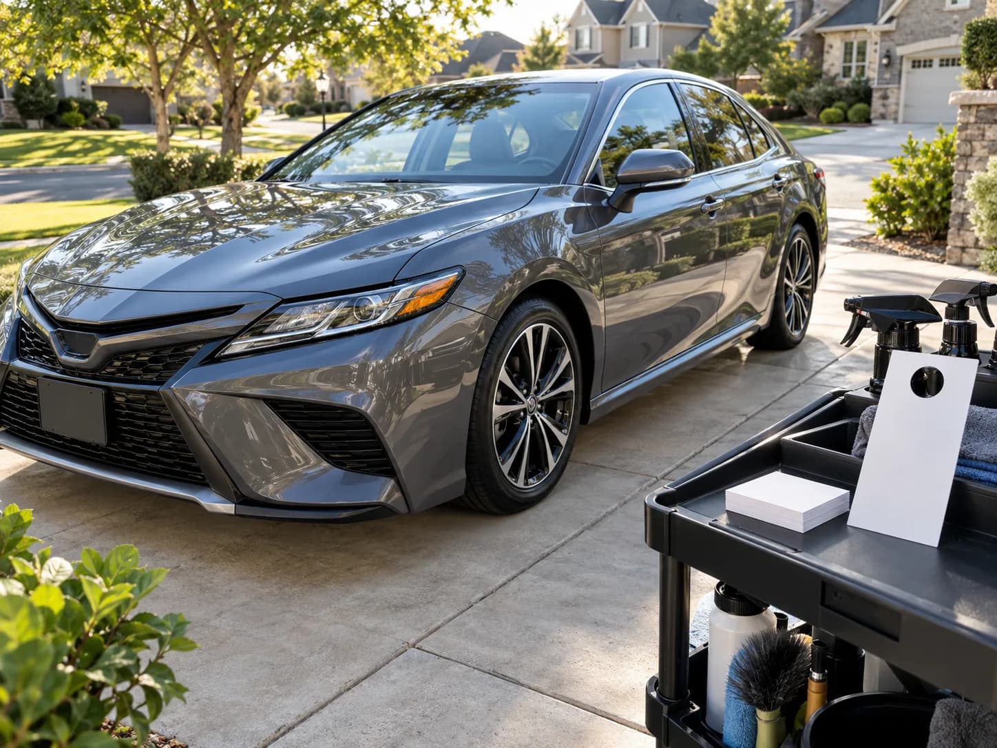 Freshly detailed sedan in a driveway with blank door hangers and business cards on a detailing cart