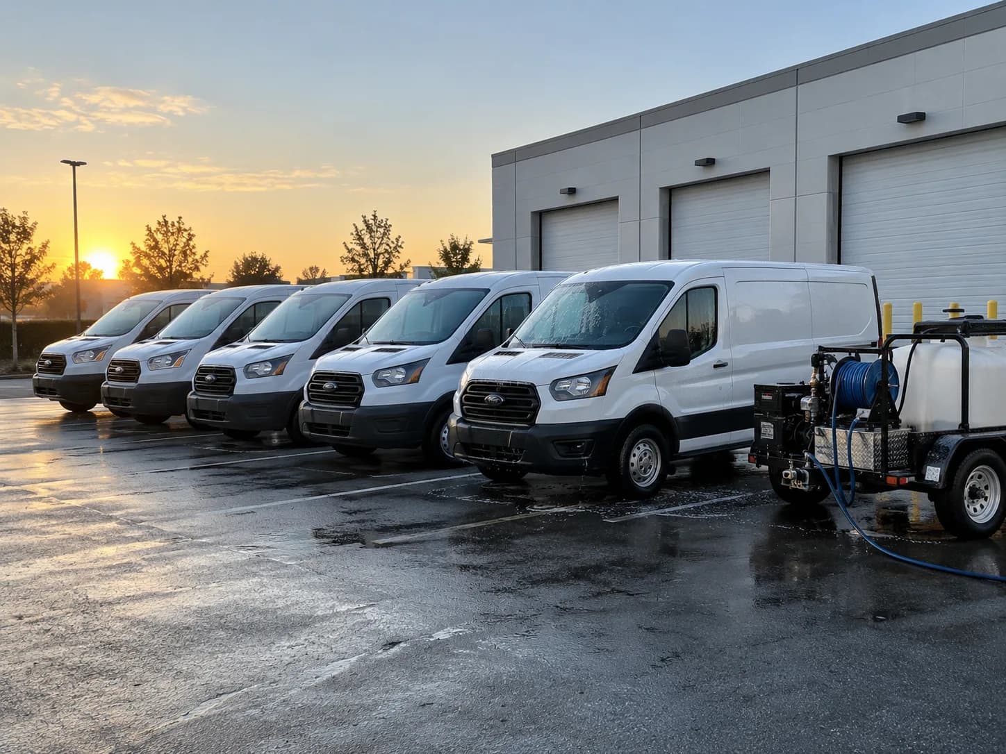 Mobile detailing trailer parked beside a row of white company vans in a fleet lot