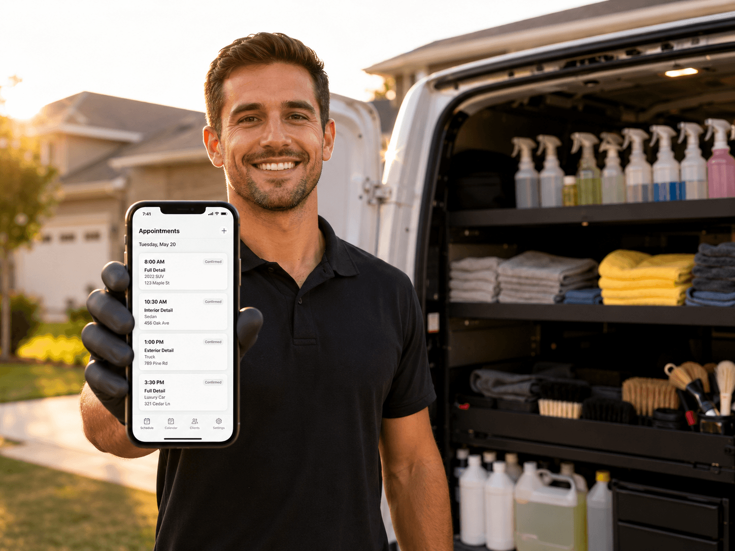 Mobile detailer checking his appointment schedule on detailing software from his phone beside his service van
