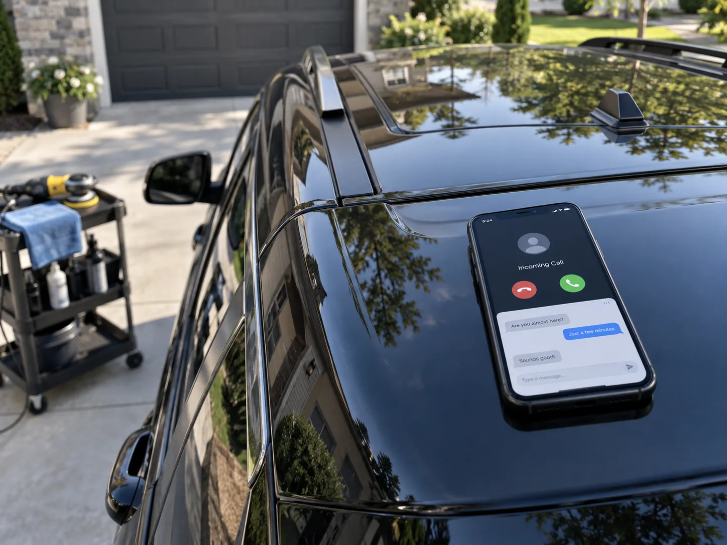 Phone showing an incoming call on the roof of an SUV while a polisher sits nearby mid-detail